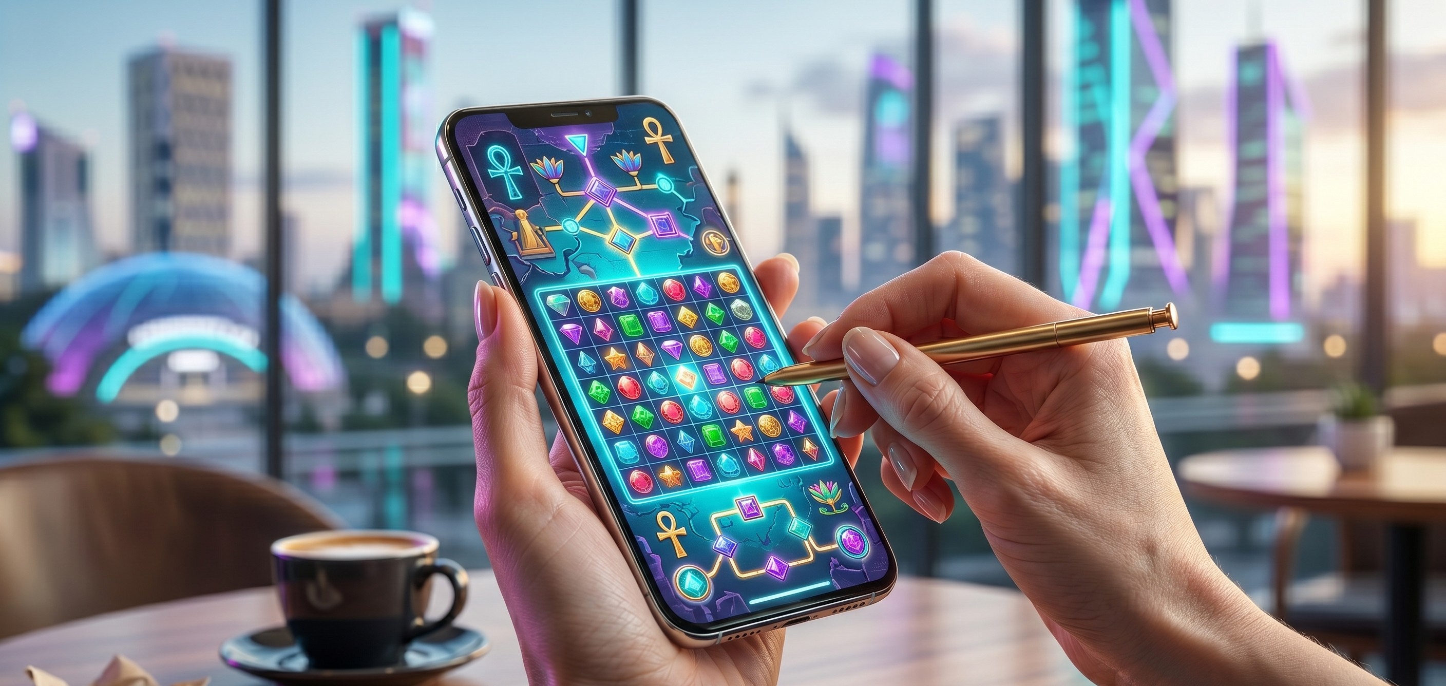 Puzzle game design sketches on a neon workstation