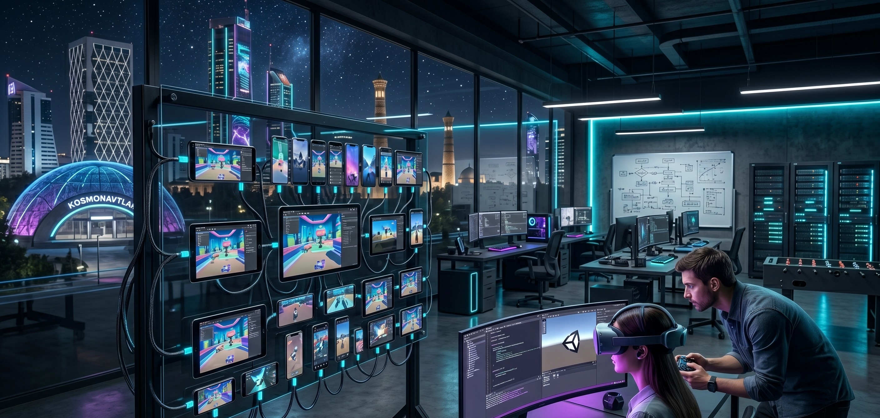 Futuristic mobile game studio workspace in Tashkent