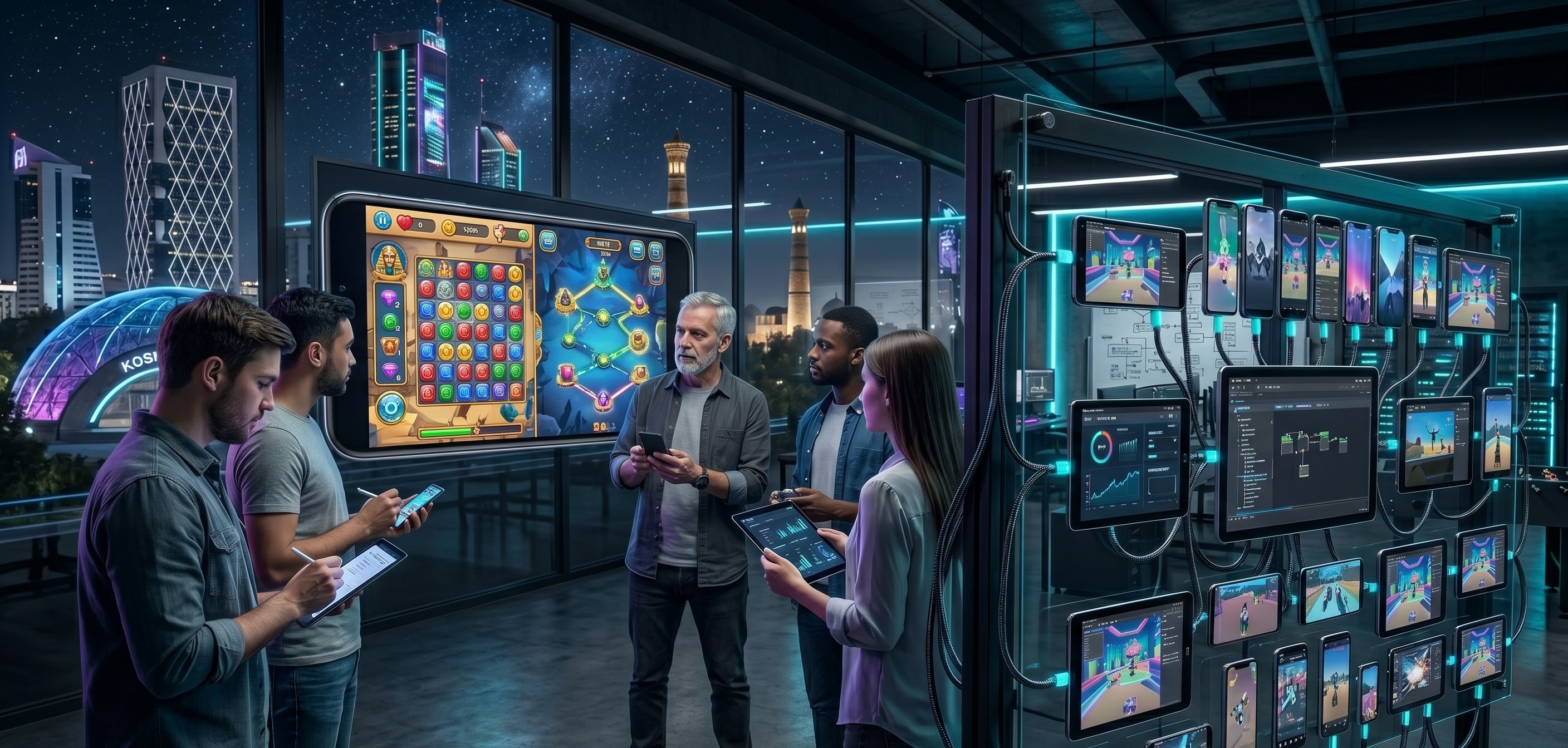 Nexorivax team reviewing a mobile game prototype